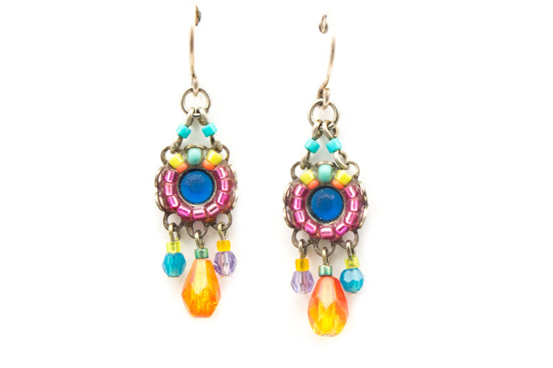 Multi Color Mosiac with Crystal Drop Earrings by Firefly Jewelry