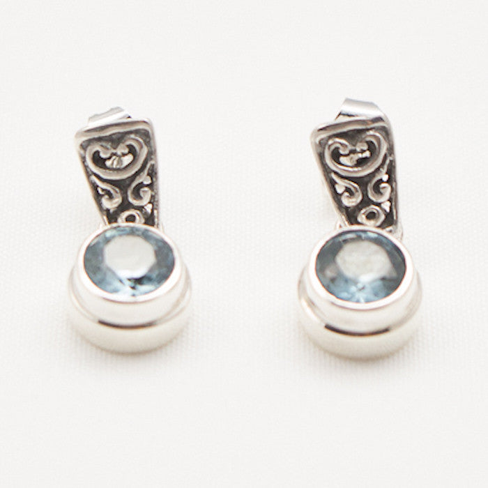 Sterling Silver Fancy Silver Post with Faceted Blue Topaz Earrings