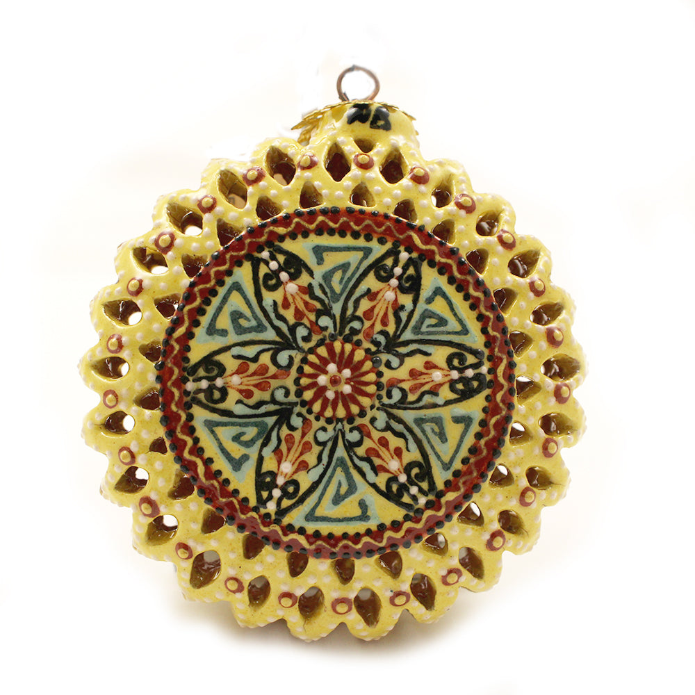 Yellow Background with White, Red, and Green Geometrical Design Small Round Cutout Ceramic Ornament