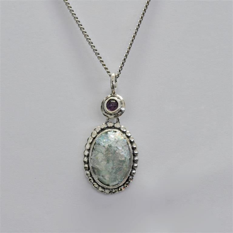 Amethyst Drop Oval Roman Glass Necklace
