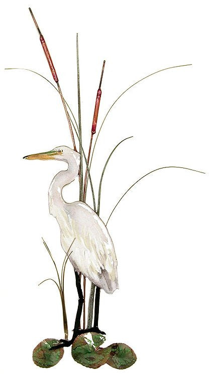 Small White Heron (Egret) with Cattails Wall Art by Bovano Cheshire