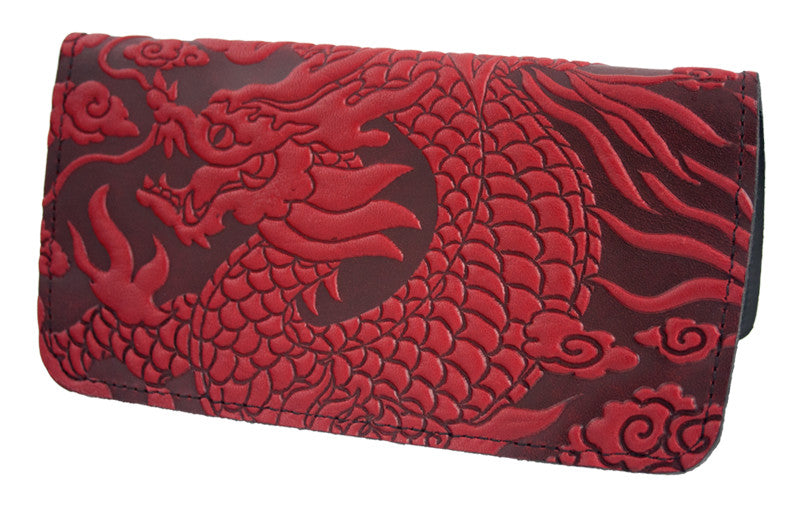 Leather Checkbook Cover - Cloud Dragon in Red