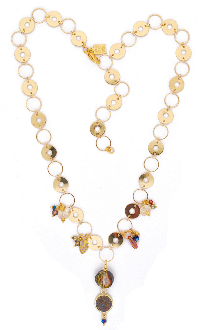 Multi Flash Druzy with Gold Bezel and Gold Disks Necklace by Desert Heart