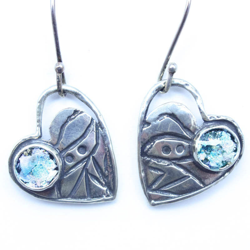 Sterling Silver Heart with Roman Glass Earrings
