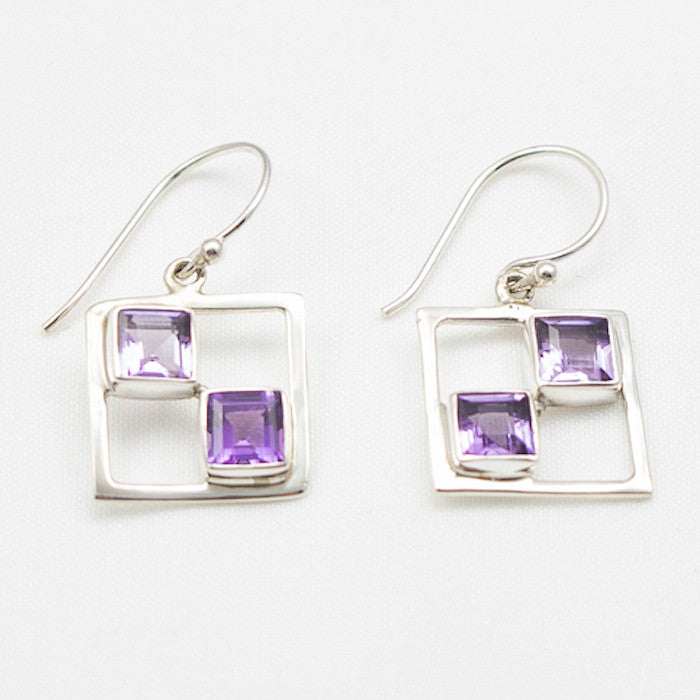 Sterling Silver Square with 2 Faceted Amethyst Dangle Earrings