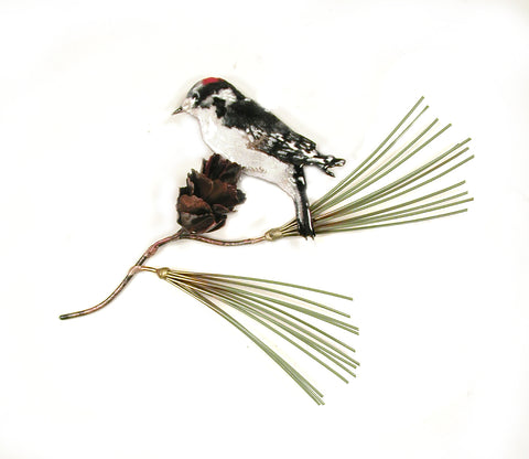 Downy Woodpeckeron Pine Needles with Pine Cone Wall Art by Bovano Cheshire