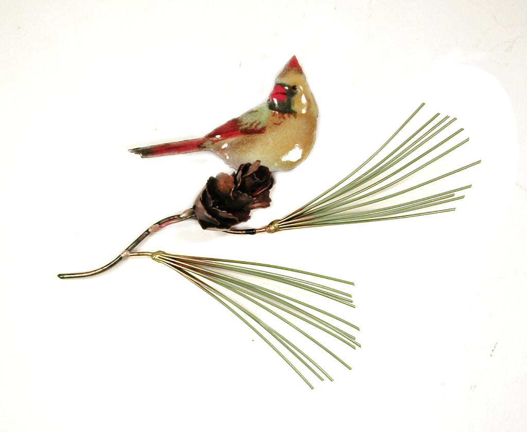 Female Cardinal on Pine Needles with Pine Cone Wall Art by Bovano Cheshire