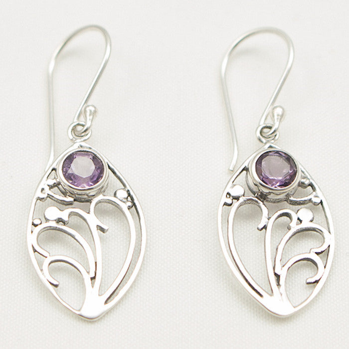 Sterling Silver Floral Nouveau Dangle with Round Facted Amethyst Earrings