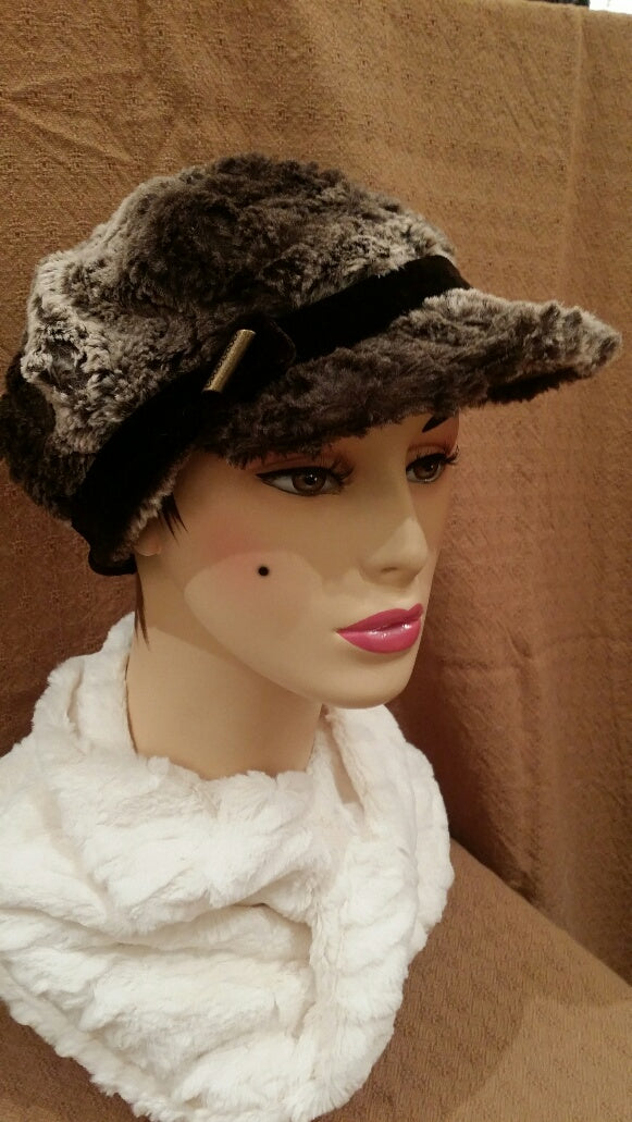 Brown Chinchilla Luxury Faux Fur Valerie Hat with Button O: Size Large