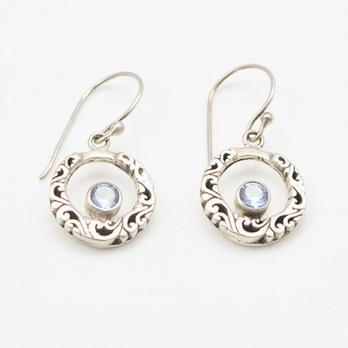 Sterling Silver Round Scrolly Earrings with Blue Topaz