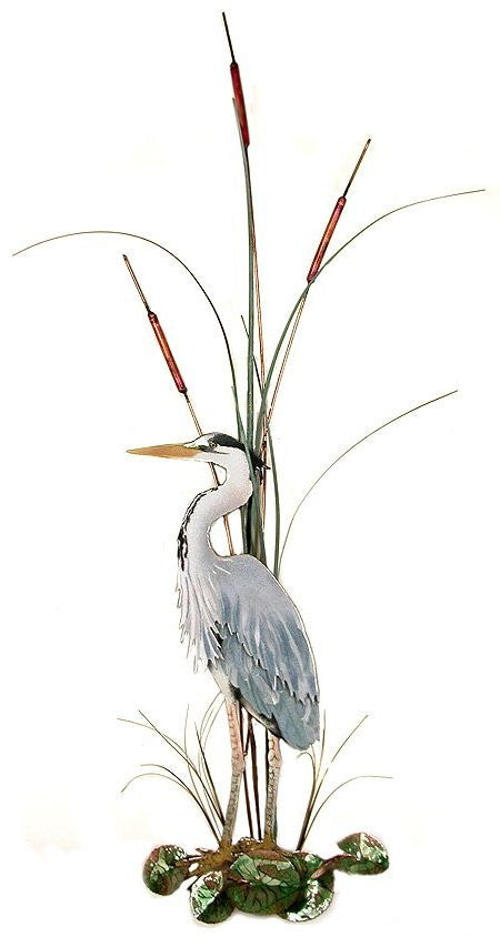 Large Great Blue Heron with Cattails Facing Left Wall Art by Bovano Cheshire