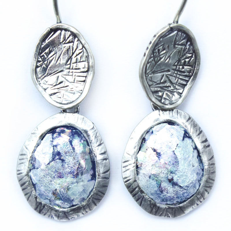 Etched Framed Double Drop Oval Patina Roman Glass Earrings