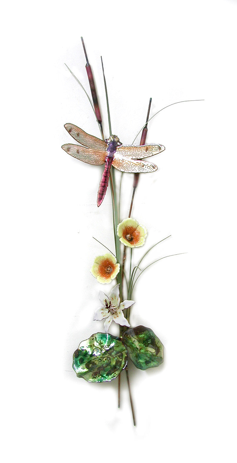 Peach Dragonfly with Lily and Cattails Wall Art by Bovano Cheshire