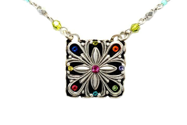 Multi Color Flower Square Necklace by Firefly Jewelry