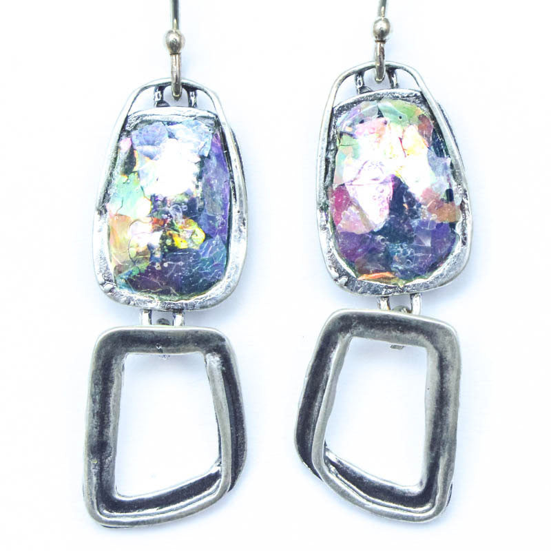 Open Abstract Rectangle Dangle Washed Roman Glass Earrings