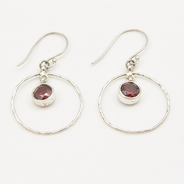 Sterling Silver Hammered Circle with Center Garnet Drop Earrings