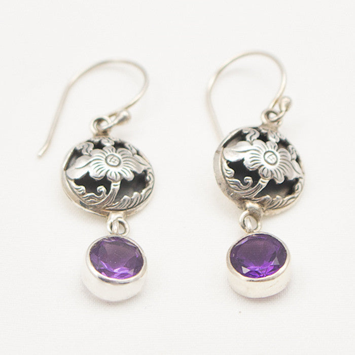 Sterling Silver Floral Cutout with Amethyst Drop Earrings