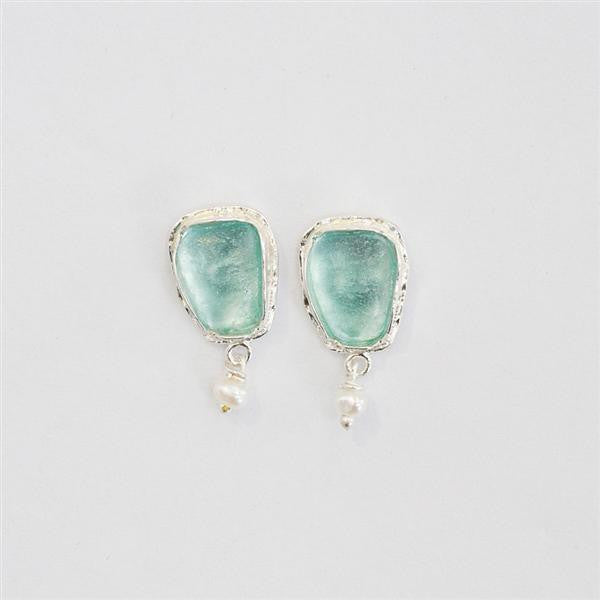 Inverted Triangle Washed Roman Glass Post Earrings with White Pearls