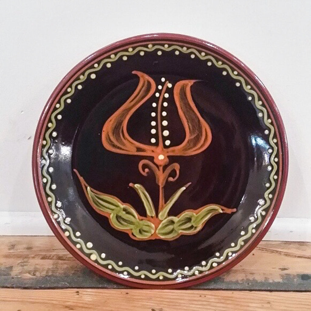 Redware Small Plate in Black with Flower