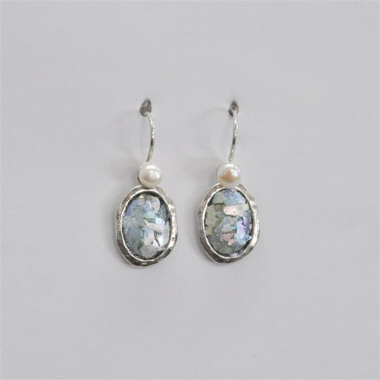 Shiny Silver Glass Bead Oval Dangle Roman Glass Earrings