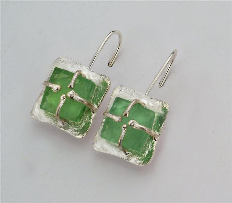 Wrapped Square Washed Roman Glass Earrings