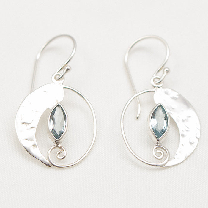 Sterling Silver Part Hammered Dangle with Topaz Marquise Cut Earrings