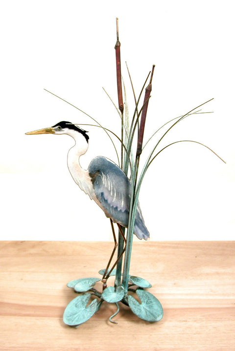 Great Blue Heron in Cattails Facing Left - Table Art by Bovano Cheshire