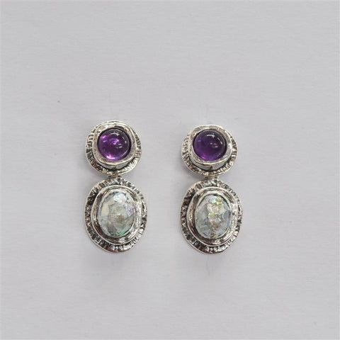 Shiny Silver Amethyst Roman Glass Earrings