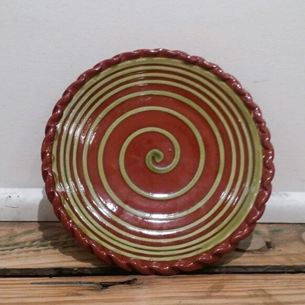 Redware Slab Plate with Big Green Swirl