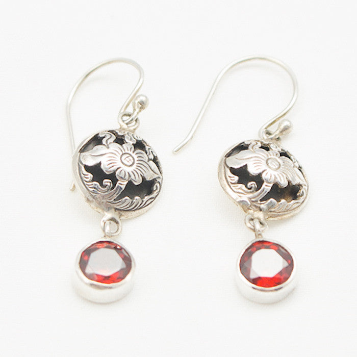Sterling Silver Floral Cutout with Garnet Drop Earrings