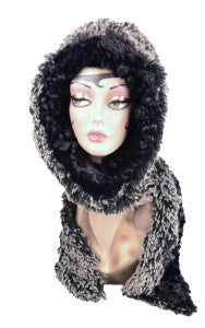 Silver Tipped Fox in Black with Cuddly Black Luxury Faux Fur Hoody Scarf