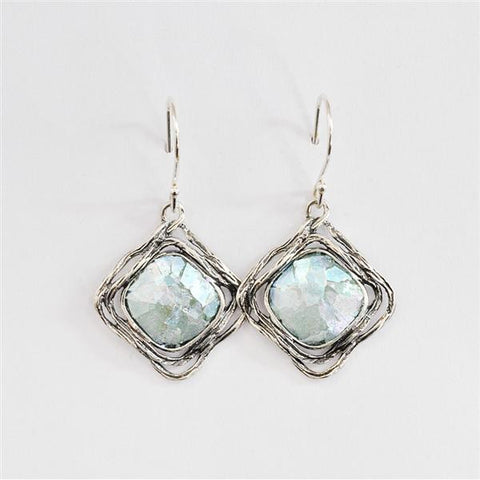 Open Framed Diamond Shaped Patina Roman Glass Earrings