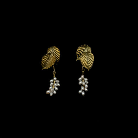 Spring Birch Leaf & Pearl Post Earrings By Michael Michaud