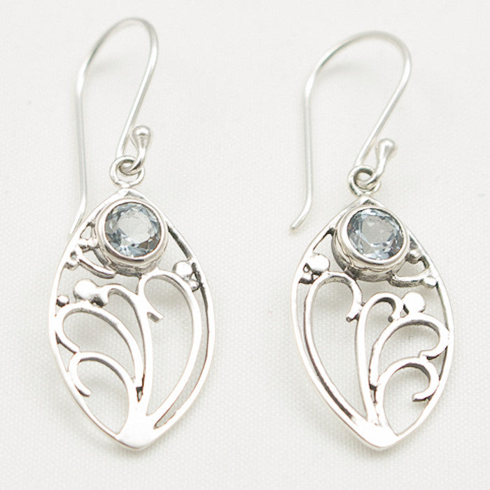 Sterling Silver Floral Nouveau Dangle with Round Faceted Blue Topaz Earrings