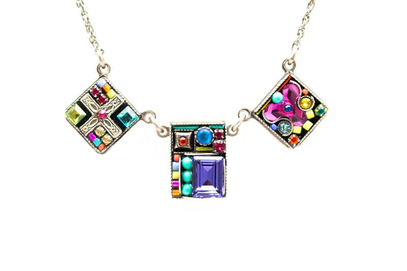 Multi Color Geometric 3 Square Necklace by Firefly Jewelry