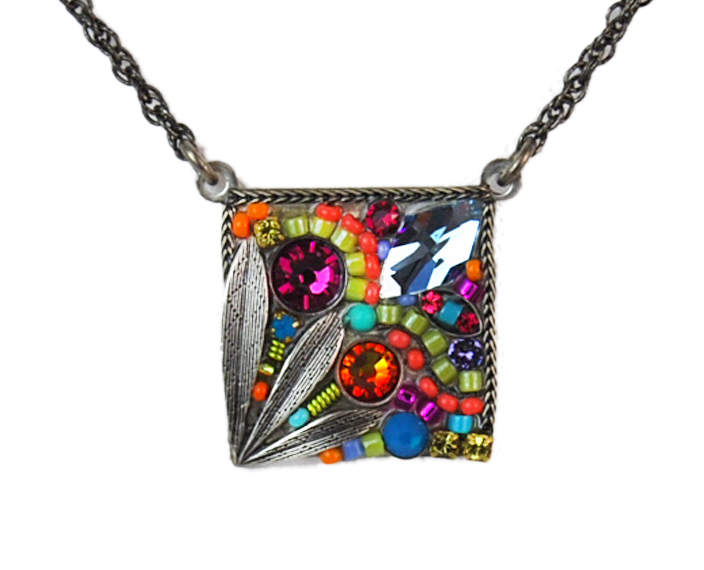 Multi Color Square Flower Mosaic Pendant by Firefly Jewelry