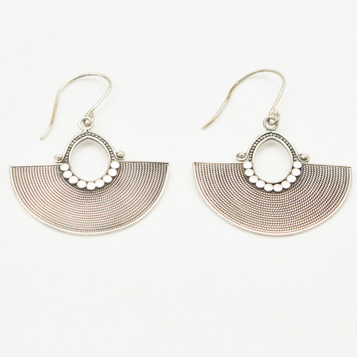 Sterling Silver Half Circle with Minute Braiding and Center Silver Dots Dangle Earrings
