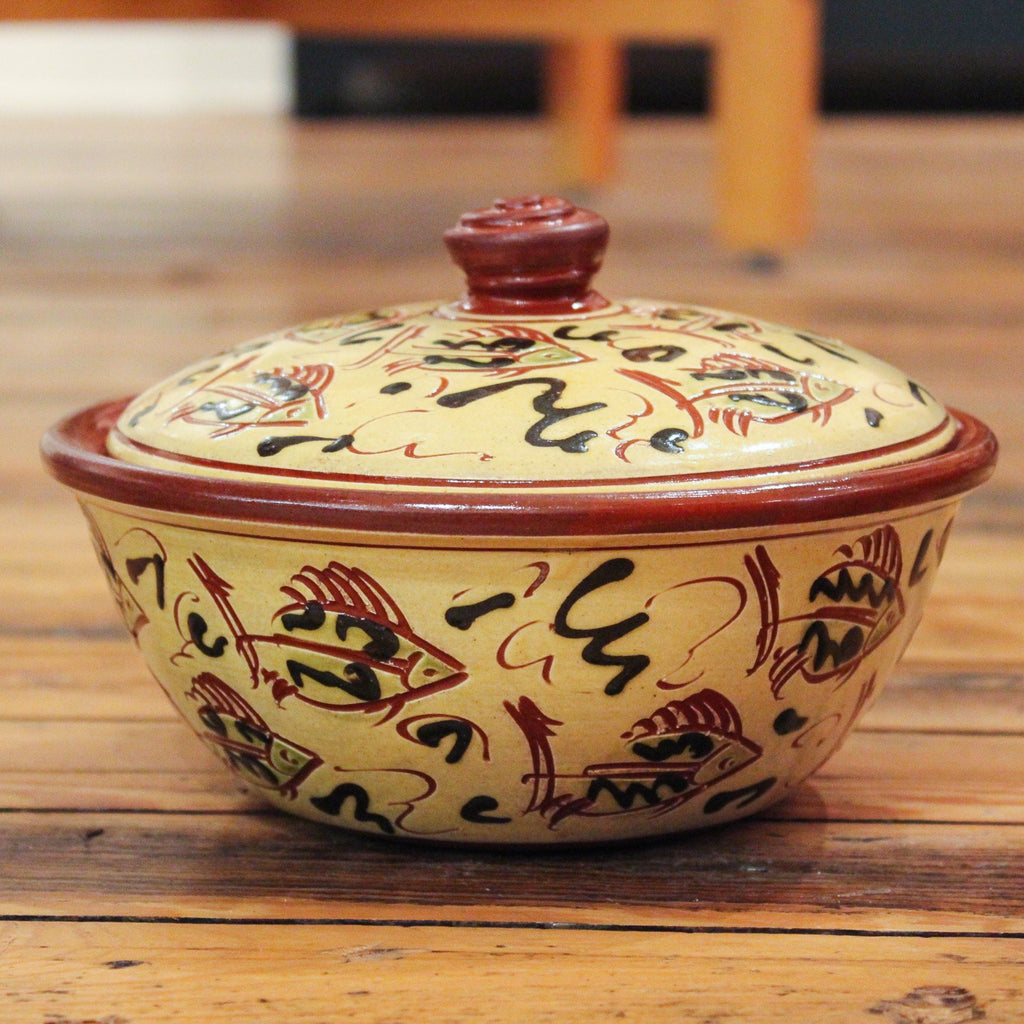 Redware Lidded Bowl with Fish