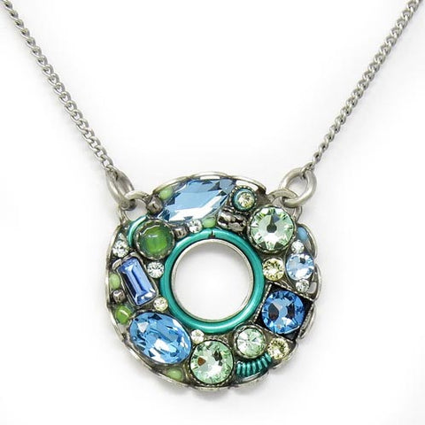 Aqua Bejeweled Large Circle Pendant Necklace by Firefly Jewelry