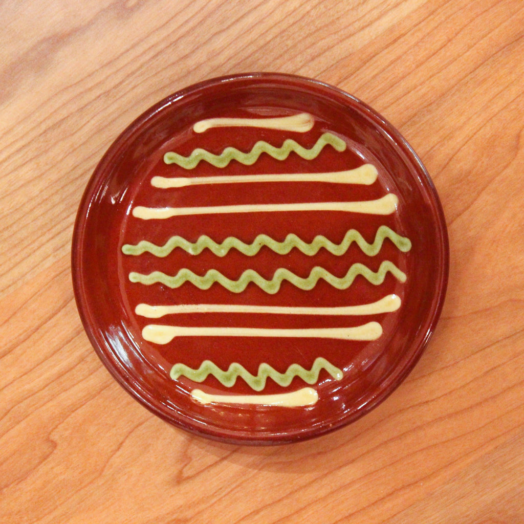 Redware Coaster with Green and White Lines