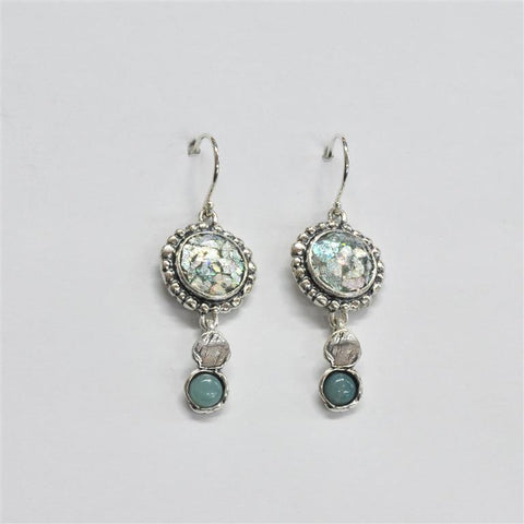 Shiny Silver Round Beaded with Drop Roman Glass Earrings