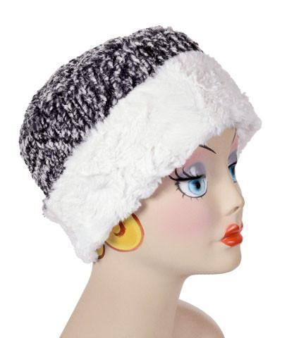 Cozy Cable Ash with Cuddly Ivory Luxury Faux Fur Cuffed Pillbox Hat: Size Large