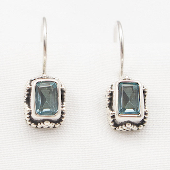 Sterling Silver Faceted Rectangular Blue Topaz Drop with Side Detail Earrings