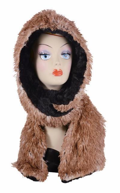Red Fox with Cuddly Black Luxury Faux Fur Hoody Scarf