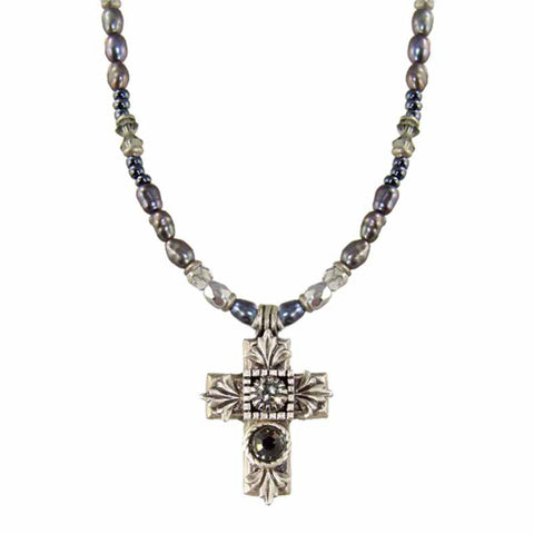 Gray Crystal Small Cross Beaded Necklace by Michal Golan