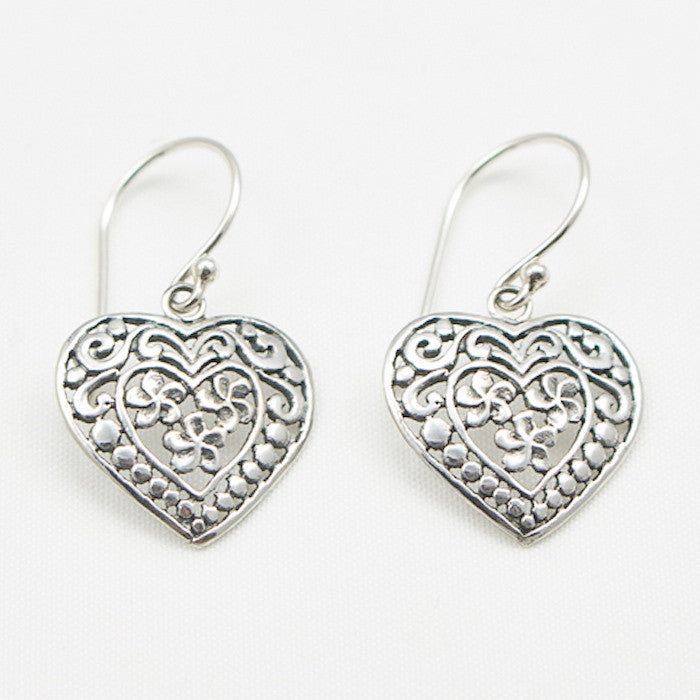 Sterling Silver Fancy Heart Dangle Earrings