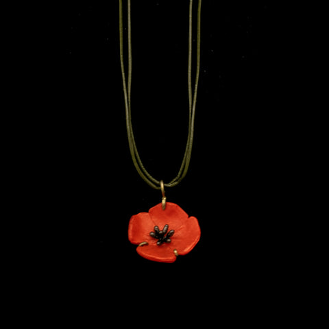 Red Poppy 16'' Adj. Leather Pendant By Michael Michaud