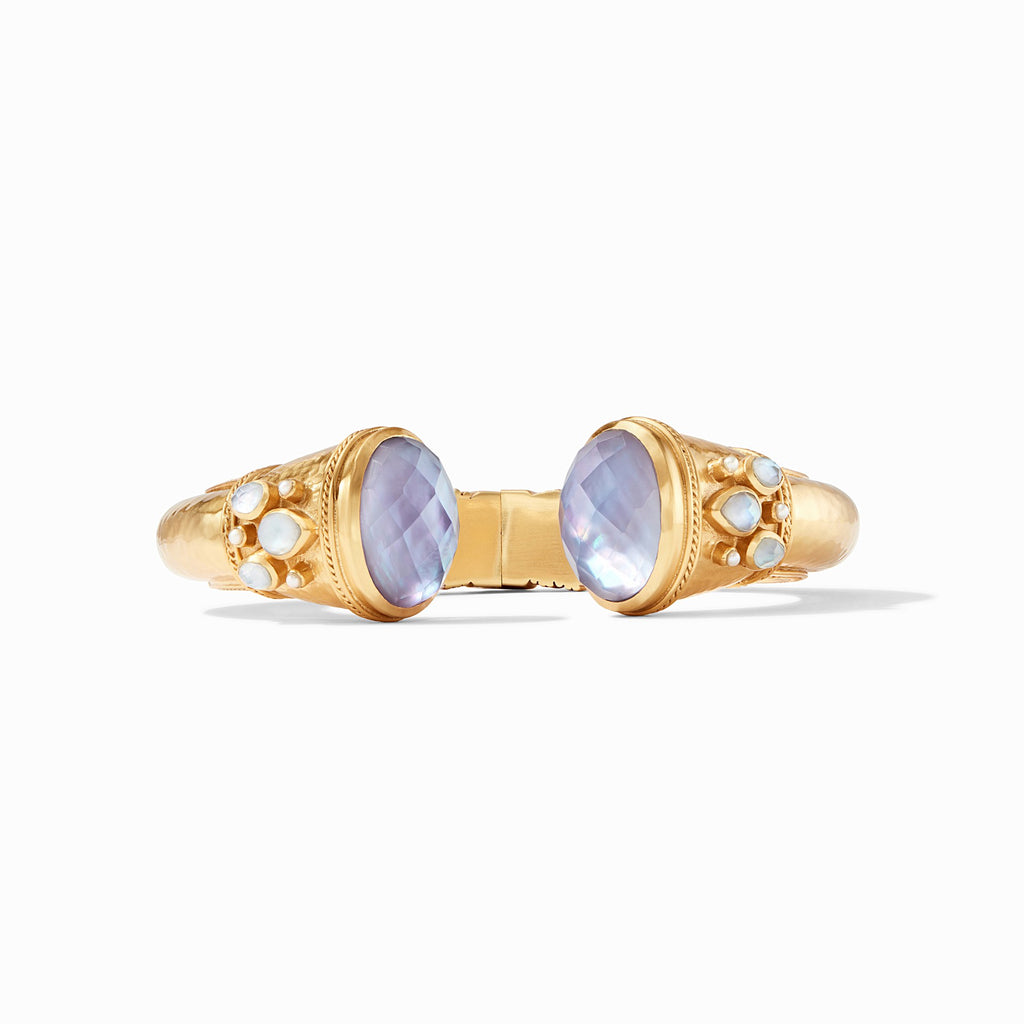 Cassis Hinge Cuff Bracelet Gold Iridescent Lavender with Pearl Accents by Julie Vos