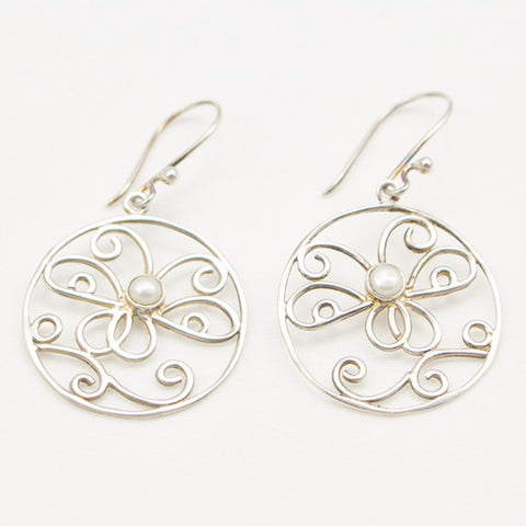 Sterling Silver Openwork Round with Butterfly and Pearl Dangle Earrings