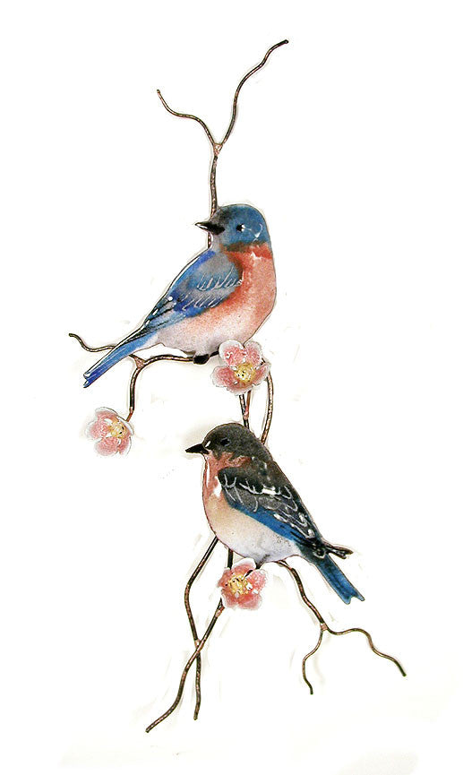 Two Bluebirds on Branch with Peach Flowers Wall Art by Bovano Cheshire
